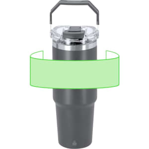 A drink bottle in matte grey with a clear lid and a sturdy handle. It features a logo on the body.