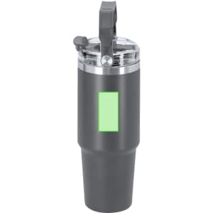 A drink bottle in grey with a transparent lid and a handle. It features a logo and a blank green area for customisation.