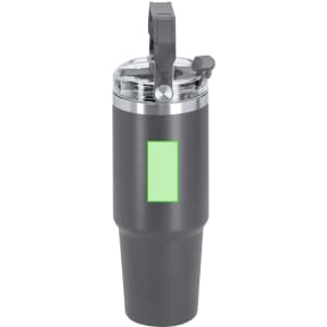 A drink bottle in dark grey with a clear lid and built-in handle, featuring a logo space.