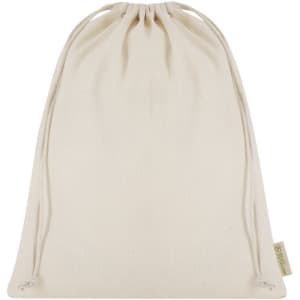 A cream drawstring tote bag made of fabric, featuring a simple design and a branding label.