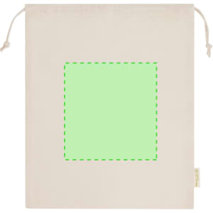 A light beige tote bag with a drawstring closure and a blank green square area for custom designs, featuring branding.