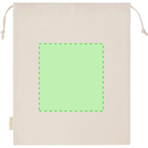 A cream tote bag with a drawstring closure featuring a green outlined square in the centre. It has a branding logo on one side.