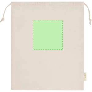 A beige tote bag with a drawstring closure and an empty square area for customisation.