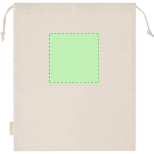 A beige Nubiox tote bag with a drawstring closure and a blank green square area on the front.
