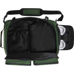 A green Mekong backpack bag with multiple compartments and an interior mesh pocket. It features a logo on the exterior.
