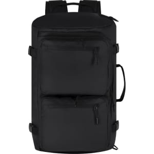 A black backpack bag featuring two front pockets and a side handle, with adjustable shoulder straps and a brand logo.