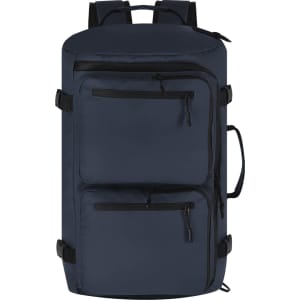A navy blue backpack bag featuring multiple exterior zippered pockets and adjustable straps. It has a logo on the front.
