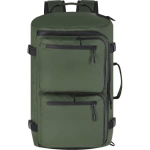 A green backpack bag with multiple zippered pockets and adjustable straps. It features a branding logo.