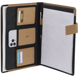A Ganges Folder featuring a black interior, tan accents, card slots, and a notepad. It includes a pen holder and has a branding logo.