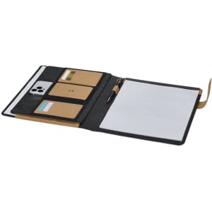 A black Ganges Folder featuring pockets for cards, a pen, and a notepad, with a tan closure.