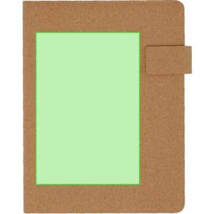 A brown compendium with a green insert and a clasp closure, featuring a simple design and a logo.