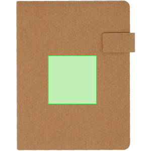A brown folder with a green inset and a clasp, designed for office and business use.