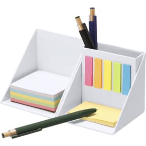 A white notepad and pencil holder featuring multiple compartments for sticky notes and pens in various colours.
