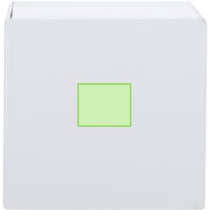 A white notepad pencil holder with a light green square design on the front, featuring a logo.
