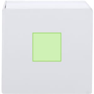 A white notepad pencil holder featuring a square green accent and a simple design, perfect for office use.