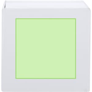 A white notepad pencil holder with a green notepad insert, designed for office use. It features a logo on the side.