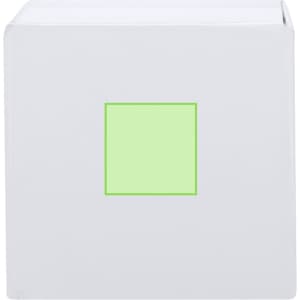 A square white box with a light green square in the centre, featuring a logo on one side.