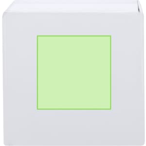 A white box with a light green square on one side, featuring a logo. Suitable for packaging or storage.