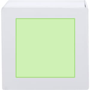 A white cube container with a pale green square area on one side. It has a logo on its surface.