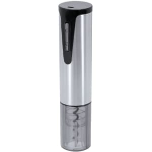 A silver and black electric corkscrew with a transparent base, featuring a simple, sleek design.