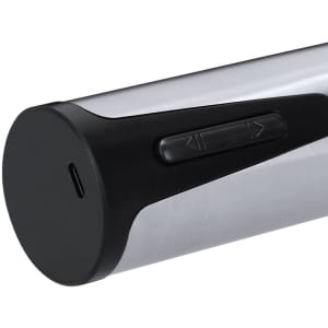 A stainless steel electric corkscrew with a black base and buttons for operation. It features a charging port.