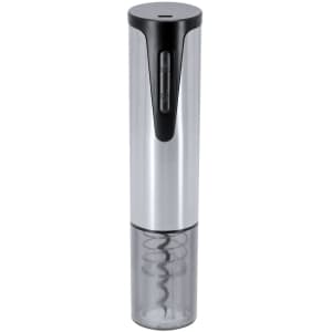 A silver and black electric corkscrew with a transparent base and a spiral tip, featuring a logo on the body.