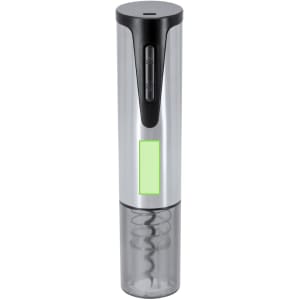 A sleek silver electric corkscrew with a transparent base and a button for operation, featuring a logo.