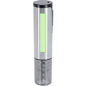 A silver electric corkscrew with a clear base and a green panel, featuring a spiral corkscrew design.