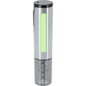 A silver electric corkscrew with a transparent base and a black top, featuring a logo on the side.