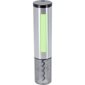 A silver electric corkscrew with a transparent bottom and a green accent on the body. It features a logo.