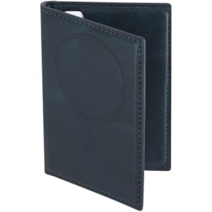 A dark blue card holder featuring a logo, designed for holding phones and technology accessories.