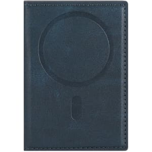 A navy blue phone wallet featuring a circular design and a logo, crafted from textured material.