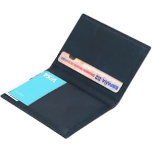 A phone wallet in dark blue, featuring multiple card slots and a simple design. Includes a logo.