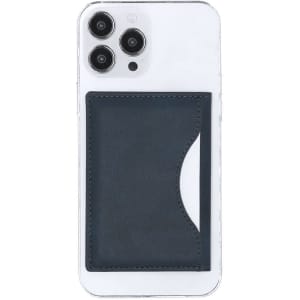A phone with a navy blue Salwen Card Holder attached to its back, featuring a logo.