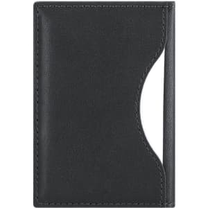 A black leather card holder featuring a curved slot for easy access to cards and a sleek design.