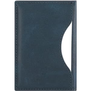 A teal card holder featuring a sleek design with a curved cutout for easy access to cards. It has a minimalist look and branding.