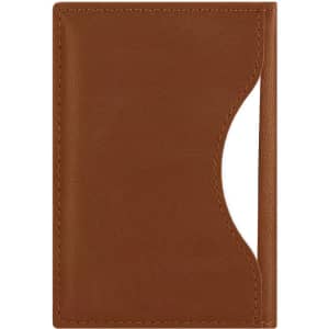 A brown card holder featuring a curved cut-out for easy access, with a simple design and no visible branding.