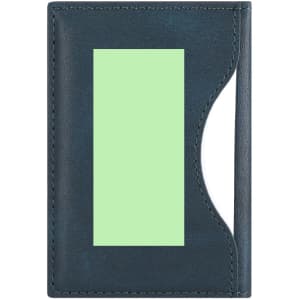 A teal phone wallet with a curved edge and a slot for a card or ID, featuring a branding logo.