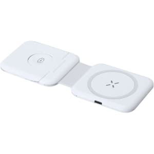 A white, foldable wireless charger with two charging pads and a USB connection. It features a simple, sleek design.