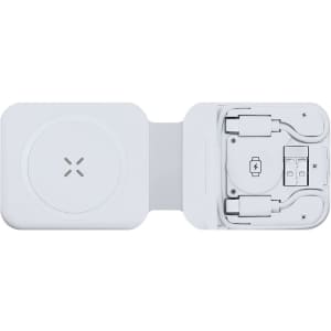 A white wireless charger with integrated cables, featuring a compact and foldable design.