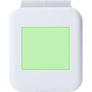 A white wireless charger with a green square interface and a simple design. It features a branding logo on the surface.