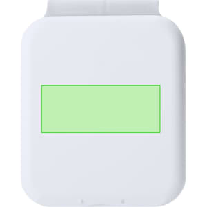 A white wireless charger with a rectangular green label. The charger has a smooth, sleek design and rounded edges.