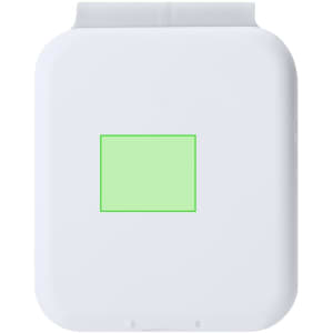 A white wireless charger with a green square surface and a simple design. It features a branding logo.