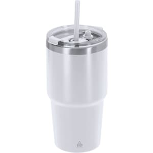 A drink bottle in white with a stainless steel lid and a straw, featuring a logo on the body.