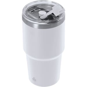 A drink bottle in white with a clear lid and a straw opening, featuring a logo on the base.