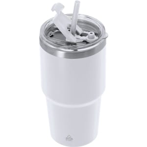 A drink bottle with a white exterior, featuring a stainless steel lid and a built-in straw. It has a logo on the side.