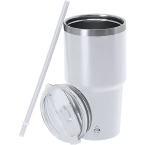 A drink bottle in white stainless steel with a clear lid and straw, featuring a branding logo.