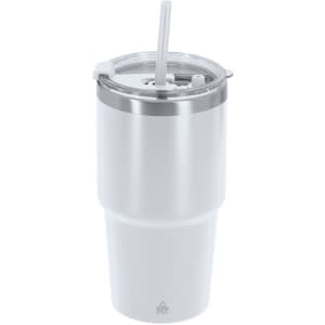 A drink bottle in white with a stainless steel accent and a straw, featuring a logo on its surface.
