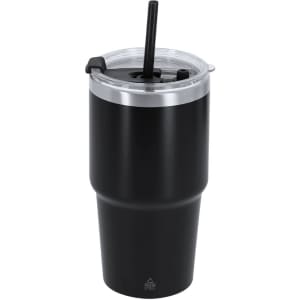 A drink bottle in black with a clear lid and straw, featuring a logo on the side.