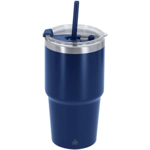 A drink bottle in navy blue with a stainless steel lid and a straw, featuring a logo on the side.